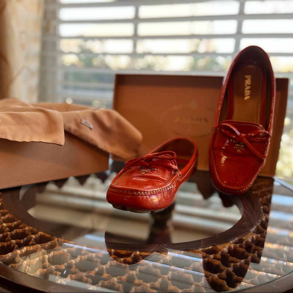 Prada Orange Leather Bow Slip On Loafers